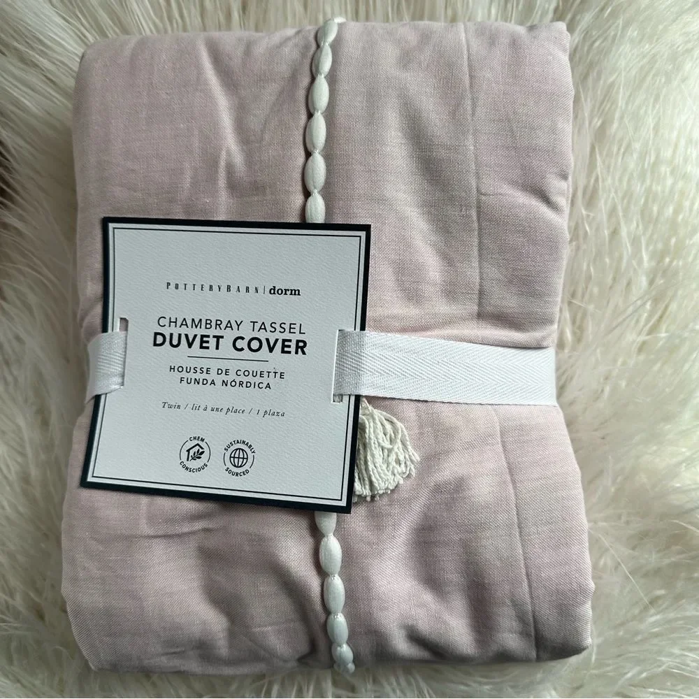 NWT Chambray Cotton Tassel Duvet Cover Blush Twin